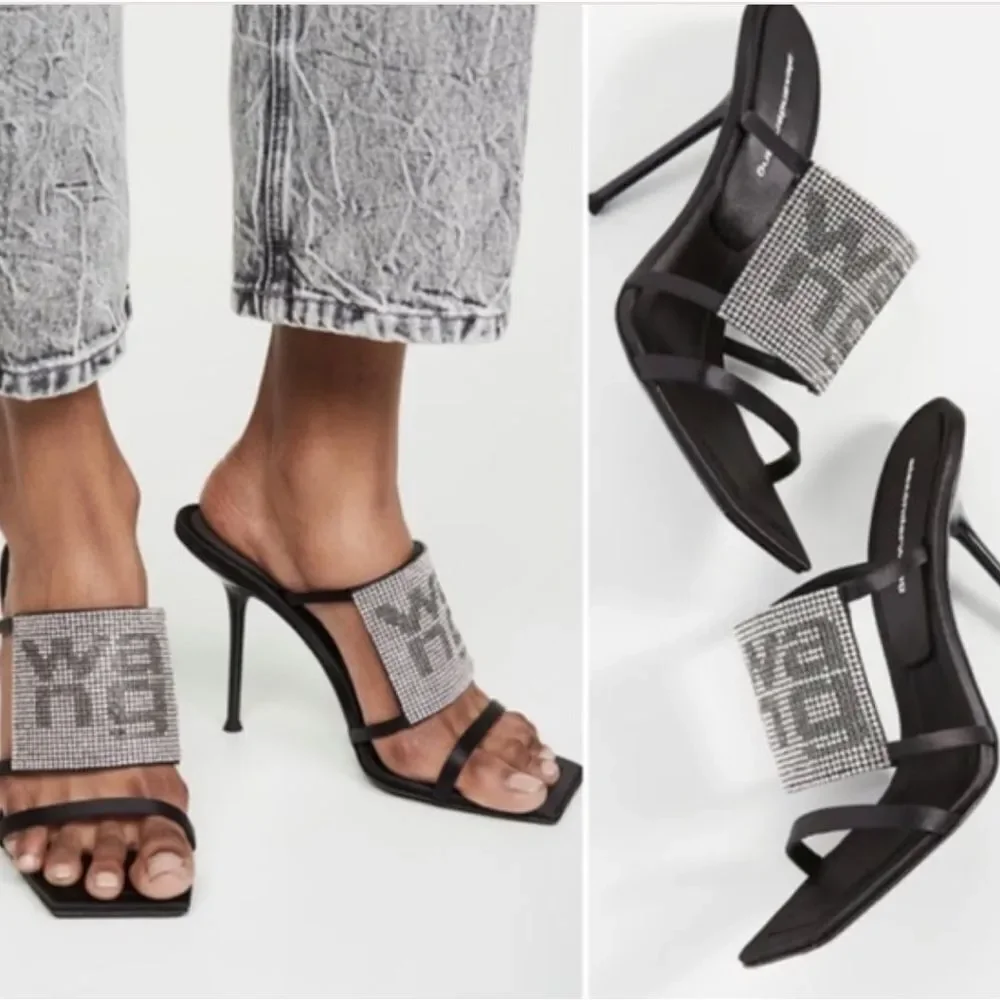 Alexander Wang Black and Silver Strappy Rhinestone Heels